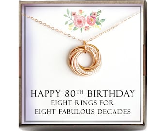 80th birthday gift women - Birthstone Necklace, 80th Birthday Gift for Mom Grandma Nana, 8 Rings for 8 Decades, 80 bd gift, L-TWIS