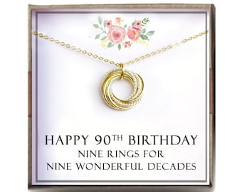 90th birthday gift women - Birthstone Necklace, 90th Birthday Gift for Mom Grandma Nana, 9 Rings for 9 Decades, 9th Anniversary, L-TWIS