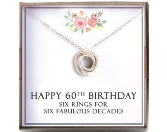 Sterling Silver 60th birthday gift women - Birthstone Necklace, 60th Birthday Gift for Mom Grandma Nana, 6 Rings for 6 Decades, CZ-RING