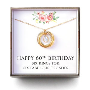 60th birthday gift women - Birthstone Necklace, 60th Birthday Gift for Mom Grandma Nana, 6 Rings for 6 Decades, L-TWISB