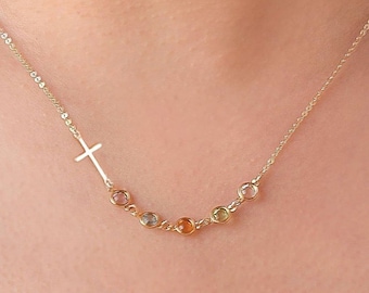 Cross with Tiny birthstone necklace - Family tree necklace, Christmas gift for her mom sister wife, gift for grandma, mothers day gift