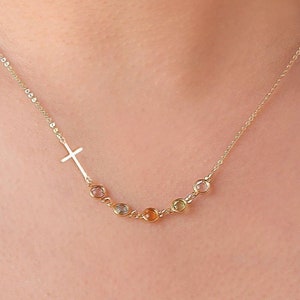 Cross with Tiny birthstone necklace - Family tree necklace, Christmas gift for her mom sister wife, gift for grandma, mothers day gift
