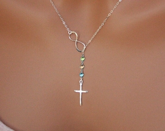 Personalized Cross Necklace - Customize Cross necklace, birthstone necklace, family necklace, topaz necklace, aquamarine necklace
