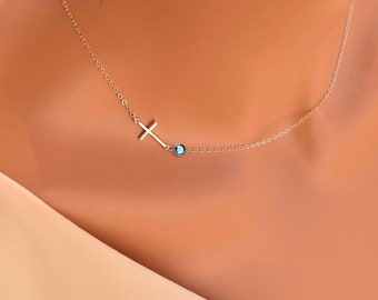 Sterling Silver Cross with Tiny birthstone necklace - Family tree necklace, Christmas gift for her mom sister wife mother, gift for grandma