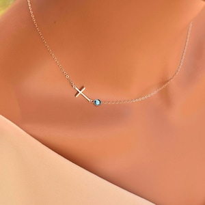 Sterling Silver Cross with Tiny birthstone necklace - Family tree necklace, Christmas gift for her mom sister wife mother, gift for grandma