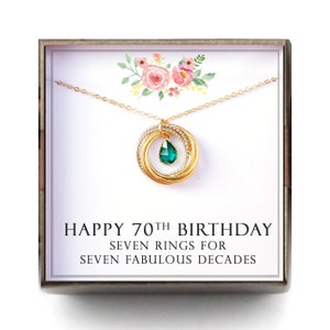 70th birthday gift women - Birthstone Necklace, 70th Birthday Gift for Mom Grandma Nana, 7 Rings for 7 Decades, L-TWISB