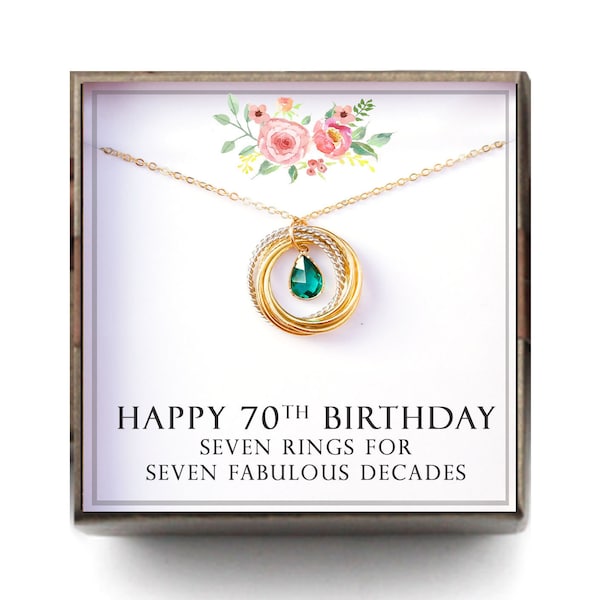 70th birthday gift women - Birthstone Necklace, 70th Birthday Gift for Mom Grandma Nana, 7 Rings for 7 Decades, L-TWISB