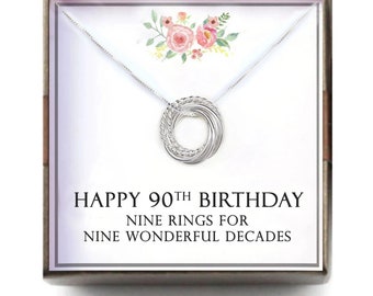 90th birthday gift women - 90th Birthday Gift for Mom Grandma Nana, 9 Rings for 9 Decades, 9th Anniversary, 90 Bday gift her, T-TWIS