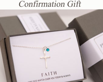 Sterling Silver Cross Necklace - Family Birthstone Necklace, Delicate Confirmation Gift for girls, Cross for mom, aquamarine necklace