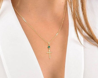 Collier croix personnalisé - Collier croix à personnaliser, collier avec pierres de naissance, collier de famille, collier topaze, collier aigue-marine