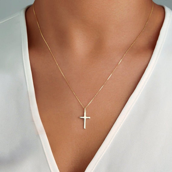 Crucifix Cross Necklace / 14k White Gold Cross Necklace / Unisex Gold Cross  /Boys Girls Cross /Communion Cross /Confirmation Cross /Baptism