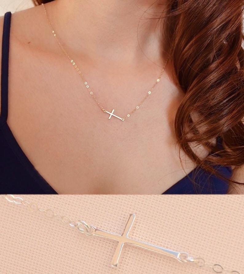 Sterling Silver Side Cross Necklace Everyday Necklace Etsy
