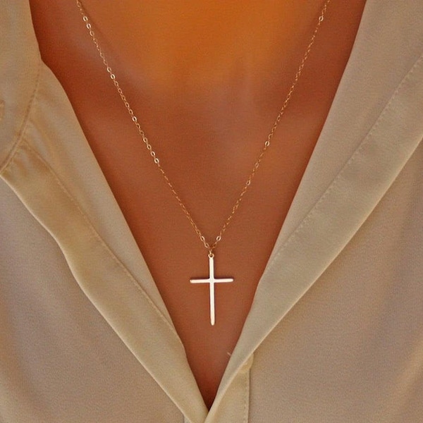 Elegant Cross necklace- 14K gold filled, long large skinny cross necklace simple, mothers day gift ideas for her mom daughter sister wife