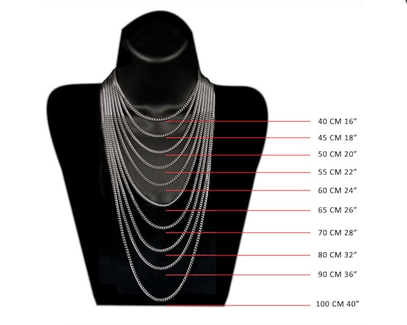 May include: A silver chain necklace on a black mannequin, showing different lengths from 16 inches to 40 inches. The lengths are marked in centimeters and inches.