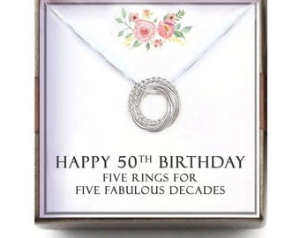 50th birthday gift women - 50th Birthday Gift for Mom Grandma, 50 Birthday gift, gift for Nana, 5 Rings for 5 Decades, T-TWIS