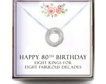 80th birthday gift for women - 80th Birthday Gift for Mom Grandma Nana, 8 Rings for 8 Decades, 80 bd gift, 80 Bday gift her, T-TWIS