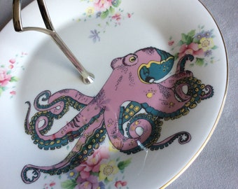 Octopus upcycled 1970’s Royal Doulton Cake plate with handle.