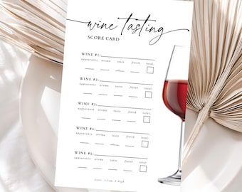 May include: A printable wine tasting scorecard with a black and white design. The card has five sections for rating different wines, with categories for appearance, aroma, taste, finish, and overall. A black and white illustration of a wine glass with red wine is in the corner.