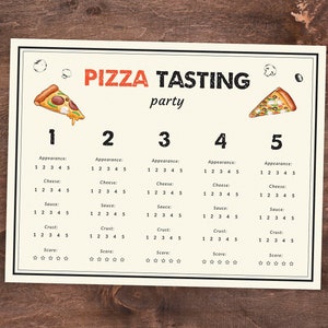 Cartão de pontuação para degustação de pizza, folhas para impressão de degustação de pizza, tapete de voo digital para família, desafio de pizza