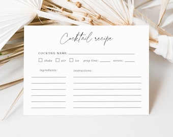 Cocktail Recipe Card Bar Drink Recipe Card Modern and Elegant Recipe Card Printable Cocktail Recipe Card