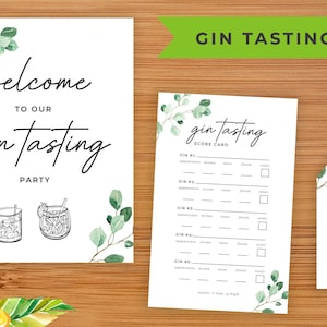 Kit de dégustation de gin, soirée de dégustation de gin à l’aveugle, carte de score de dégustation de gin, napperon, panneau de bienvenue et étiquettes, pack de dégustation de gin imprimable