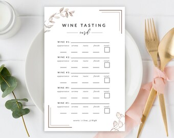 May include: A printable wine tasting card with a floral design. The card has sections for rating the appearance, aroma, taste, finish, and total score of five different wines. The card also includes the text "WINE TASTING card" and "scores: 1-low, 5-high".