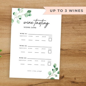 May include: Printable wine tasting score card with a green leafy design. The card has space to rate up to three wines on appearance, aroma, taste, finish, and total score. The text "score: 2-low, 5-high" is at the bottom of the card.