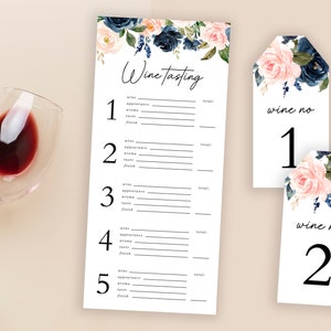 Wine Tasting Sheets and Tags, Wine Tasting Party Printable Score Card, Navy and Blush Bridal Party Wine Cards, Bachelorette Party