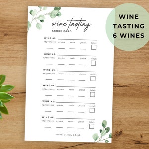 May include: Printable wine tasting scorecard with a floral design. The card has six sections for rating different wines based on appearance, aroma, taste, finish, and total score. The text "wine tasting" is written in cursive at the top of the card.