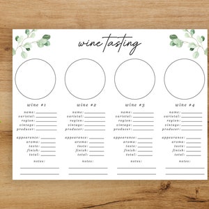 Wijnproeverij blad, wijnproeverij placemat, 4 wijnen wijnproeverij partij printables, wijn scorekaarten, wijnproeverij notities afdrukbaar