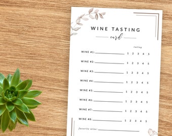 May include: A printable wine tasting card with a floral design. The card has spaces to rate eight different wines on a scale of 1 to 5, with 1 being the lowest and 5 being the highest. There is also a space to write down your favorite wine.