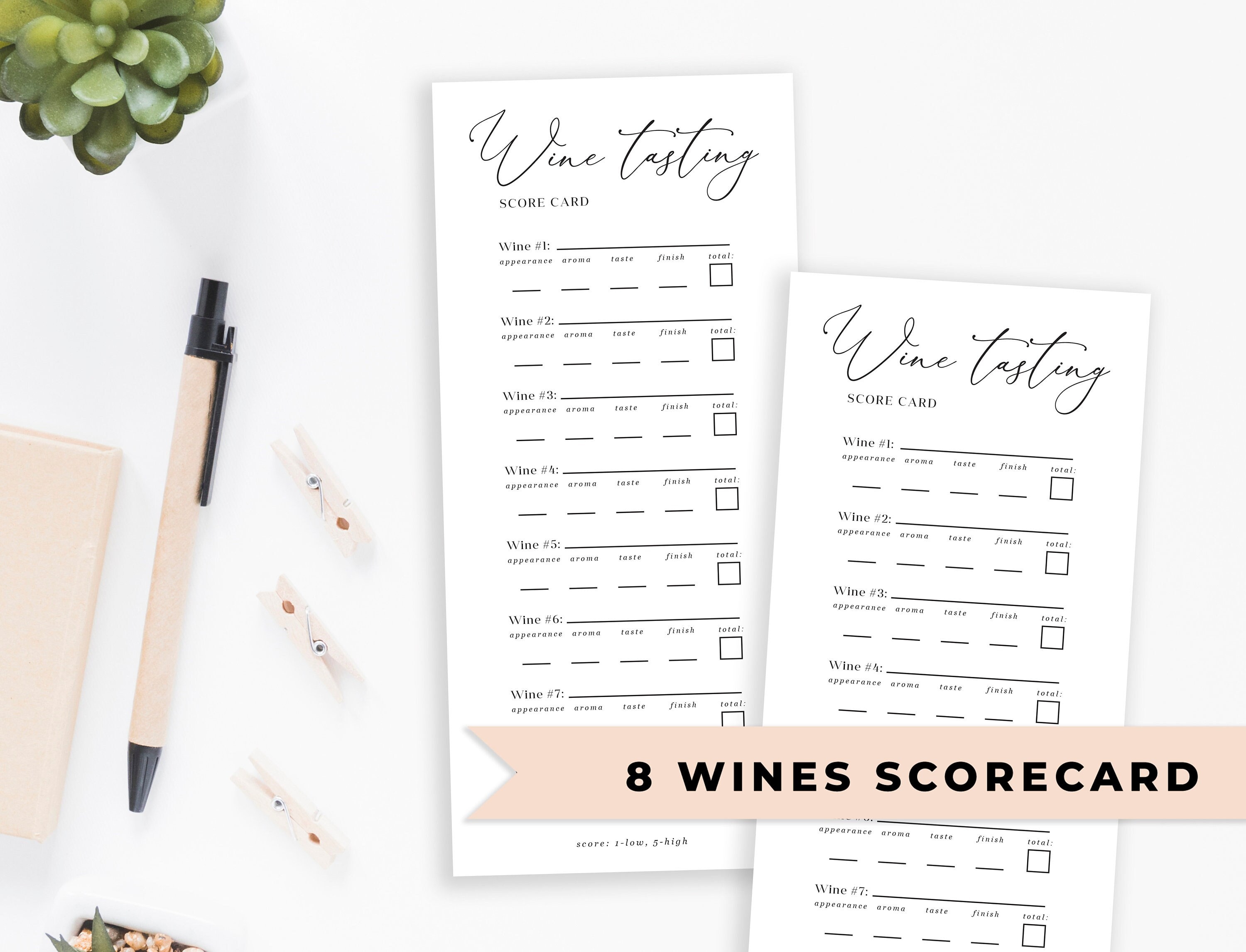 Wine Tasting Score Card Printable, Blind Wine Tasting Party Sheet for 8