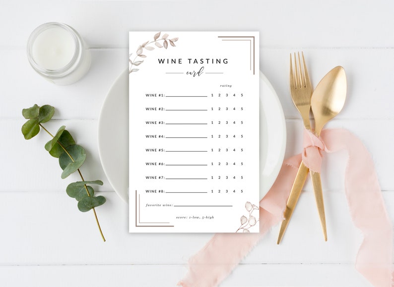 May include: A printable wine tasting card with a floral design. The card has a section for rating each wine on a scale of 1 to 5. It also includes a space to write down the favorite wine and its score.