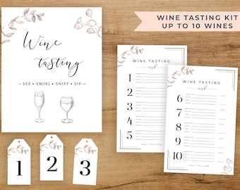 May include: A printable wine tasting kit with instructions for a wine tasting party. The kit includes a sign that says "Wine Tasting - See, Swirl, Sniff, Sip" and ten numbered cards for tasting notes.