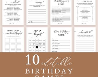 EDITABLE Birthday Games For Birthday Girl, Women Birthday Party Games Bundle, Minimalistic Party Games