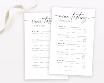 May include: Two black and white printable wine tasting score cards. Each card has a section for rating the appearance, aroma, taste, finish, and total score of each wine. The score is rated on a scale of 1 to 5, with 1 being low and 5 being high.