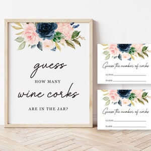 May include: A printable game card with a floral design in shades of pink and blue. The card says "Guess the number of corks" and has lines for the player to write their guess and name.