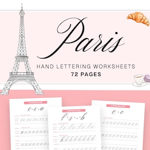 以下が含まれることがあります： ピンクと白の手書き文字ワークシート。エレガントな筆記体で「Paris」の文字が書かれています。エッフェル塔のスケッチ、クロワッサン、コーヒーカップのイラストも含まれています。ワークシートには「Hand Lettering Worksheets」と書かれており、72ページあります。