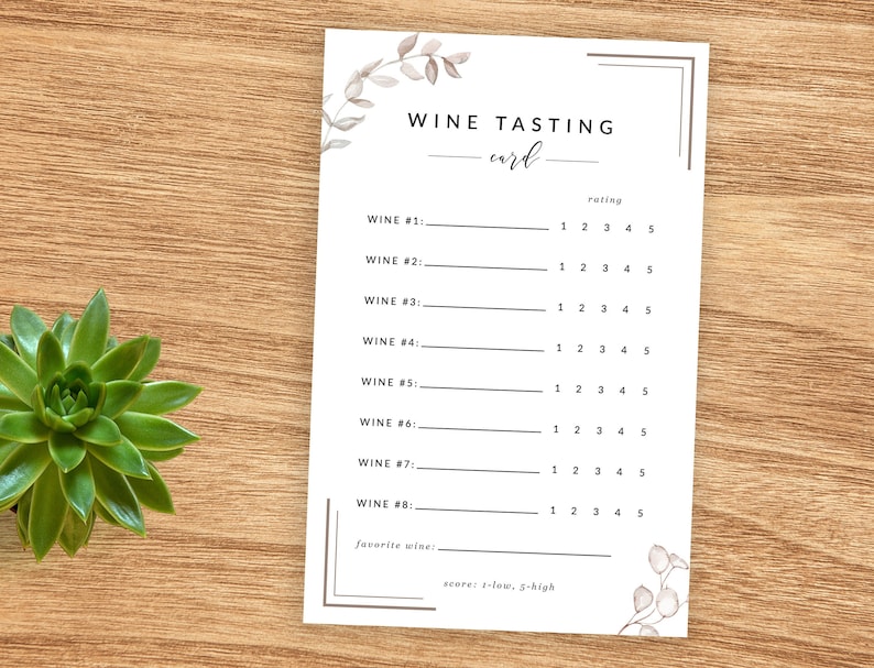 May include: A printable wine tasting card with a floral design. The card has spaces to rate eight different wines on a scale of 1 to 5, with 1 being the lowest and 5 being the highest. There is also a space to write down your favorite wine.