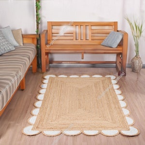 Handbraided Scalloped Jute Rug, Natural Fiber, Custom Size