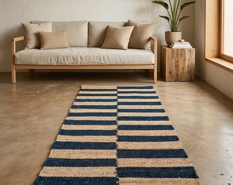 Tapete passadeira artesanal de cânhamo, tapete listrado de juta azul e natural, passadeira boho para cozinha, tapete ecológico para corredor, tapete de entrada tecido.