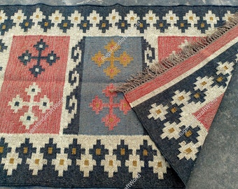 Bohemian Rug, Indian Dhurrie Rug, Navajo Kilim Rug, Custom Rug Handwoven Wool Jute Kilim Rug, Wool Jute Rug, Kilim Jute Rug, Flatweave Rug