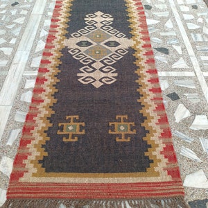 Handmade Wool Jute Kilim Rug, Wool Jute Rug, Black And Red Border Wool Rug, Bohemian jute Area Rug, Indian Dhurrie Rug, Indoor Jute Met