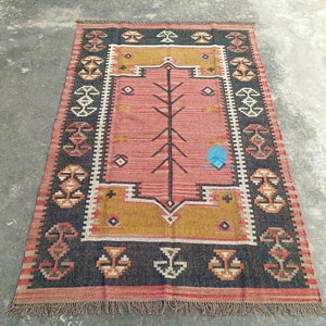 Handwoven Wool Jute Kilim Rug, Geometric 5X7 Custom Bohemian Turkish Large Area Indian Dhurrie Multicolor Office Hallway Boho Rug