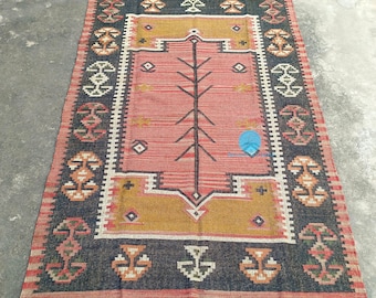 Handwoven Kilim Wool Jute Rug, Geometric Oushak, Boho Decor