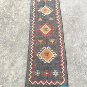 Handwoven Wool Jute Kilim Rug Runner, 8x9 Ft Custom Turkish Stairway Jute Rug, Farmhouse Bohemian Living Room Decor Boho Carpet