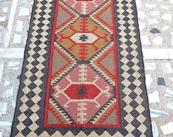 Handwoven Wool Jute Rug, Bohemian Kilim Dhurrie, Custom Size