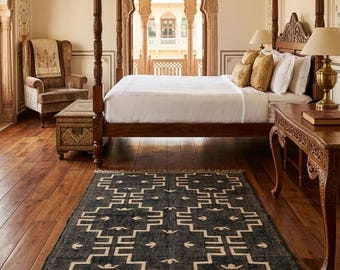6x9 Geometric Wool Jute Kilim Rug - Black & Beige Handmade Indian Dhurrie for Living Room, Custom Entryway Boho Carpet