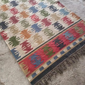 Handmade Indian Dhurrie Rug, Handwoven Wool Jute Kilim Rug, Flatweave Boho Rug, Custom Navajo Style Area Rug, Wool Jute Floor Carpet