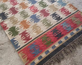 Handmade Wool Jute Dhurrie Rug, Flatweave Kilim, Custom Size